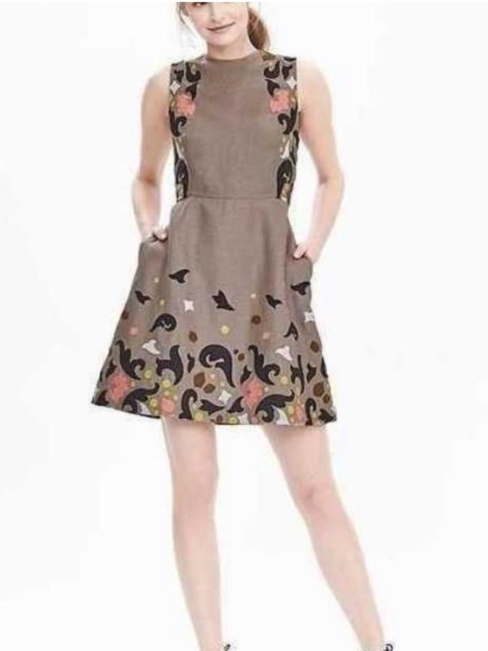 Banana Republic Taupe Sleeveless A-Line Dress with Floral Embroidery